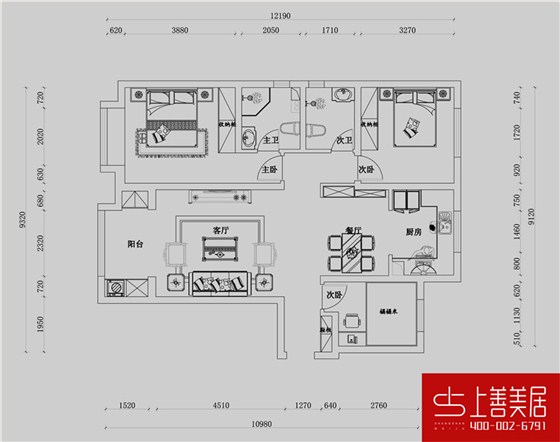保利拉菲公馆132平三室两厅户型平面布局图