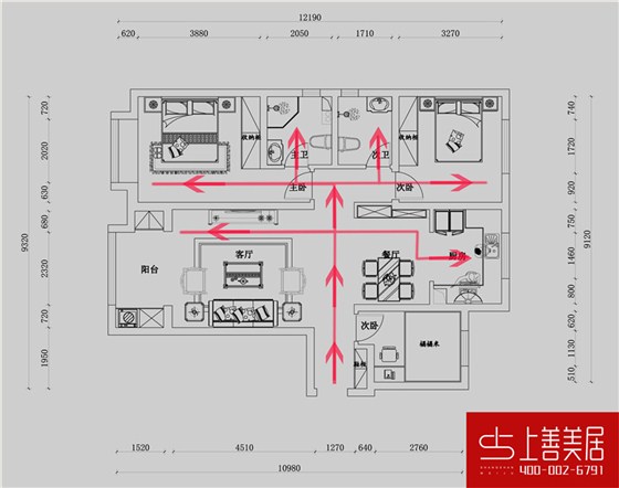 保利拉菲公馆132平三室两厅户型行走动线图