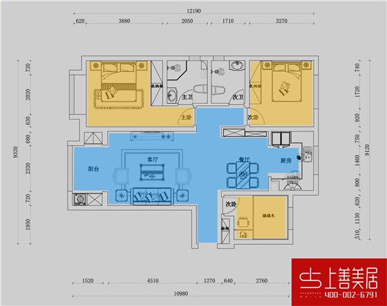 保利拉菲公馆132平三室两厅户型动静分区图