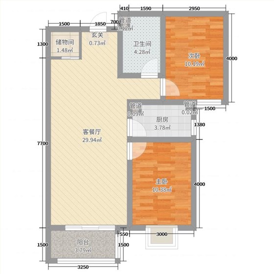 瀚唐2室2厅1卫1厨94.00㎡户型图