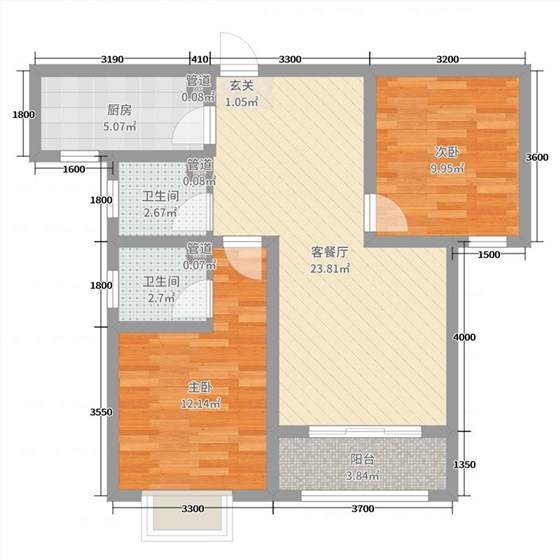 新鼎华府2室2厅2卫1厨99㎡户型图