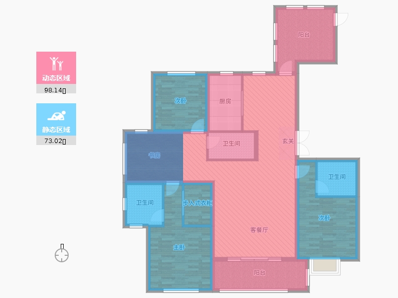 荣盛华府3室2厅3卫1厨177.00㎡户型图静动态分区