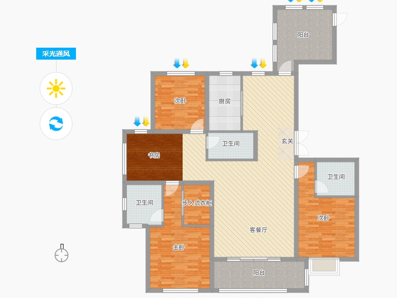 荣盛华府3室2厅3卫1厨177.00㎡户型图静通风