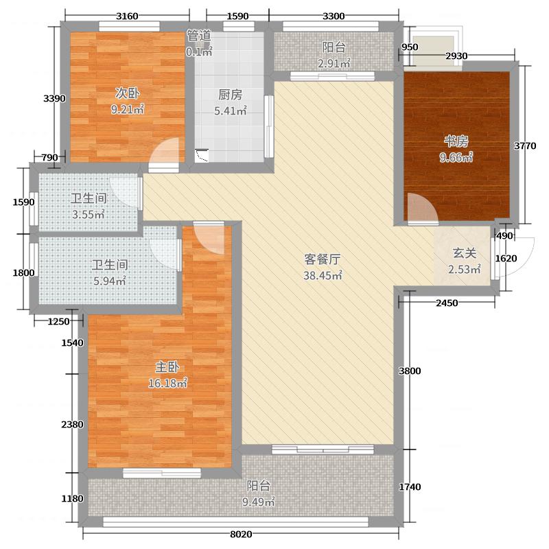 赫石府3室2厅2卫1厨127.00㎡户型图