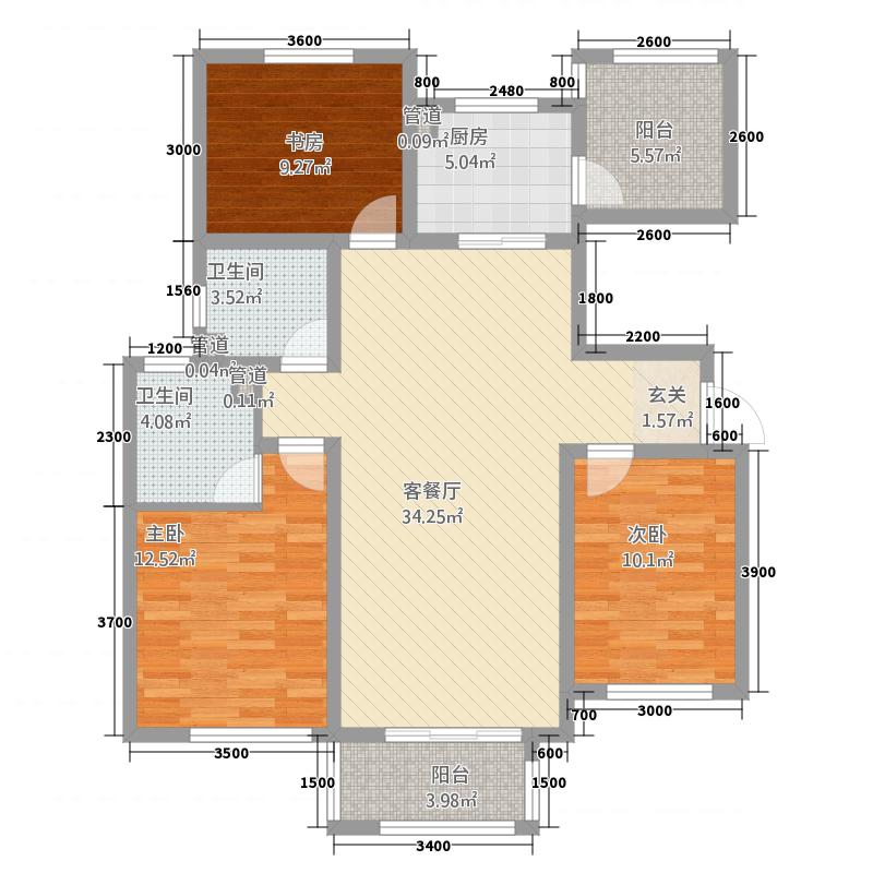 长久中心公园9号3室1厅2卫1厨128㎡户型图