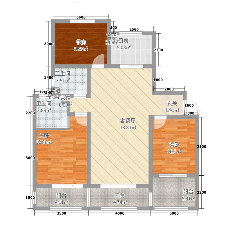 长久中心公园9号3室1厅2卫1厨135㎡户型图