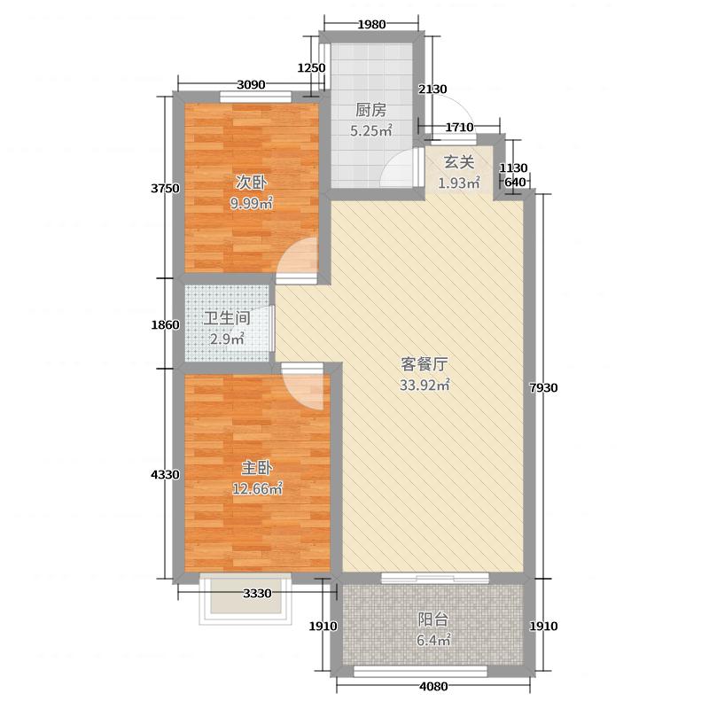 润德天悦城2室2厅1卫1厨89㎡户型图