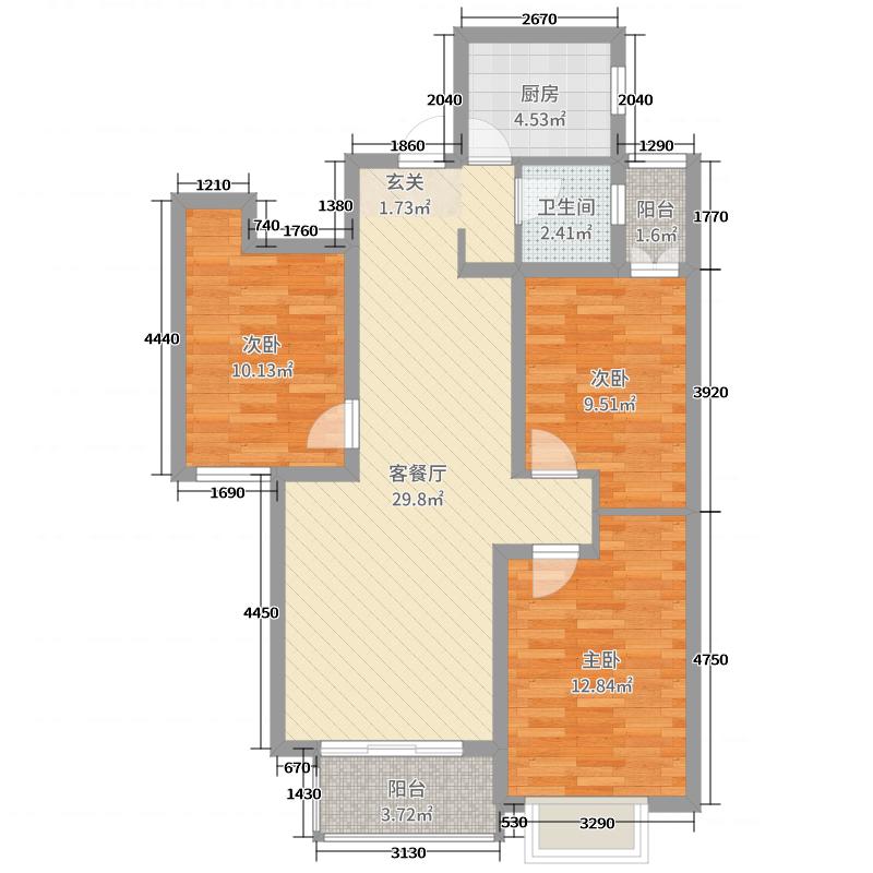 润德天悦城3室2厅1卫1厨106㎡户型图