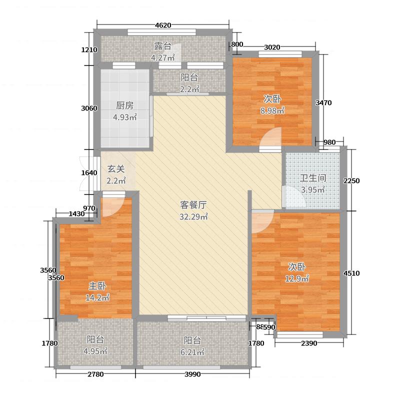 润德天悦城3室2厅1卫1厨114㎡户型图