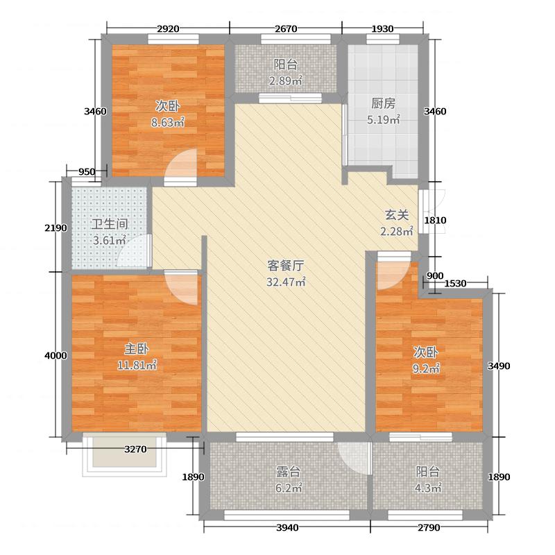 润德天悦城3室2厅1卫1厨118㎡户型图