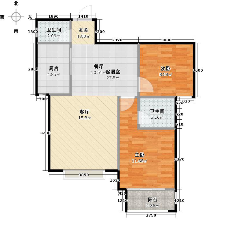 鑫界9号院2室1厅2卫1厨88㎡户型图