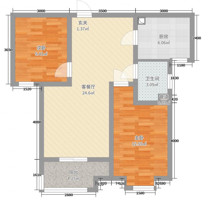 百岛绿城2室2厅1卫1厨90㎡户型图