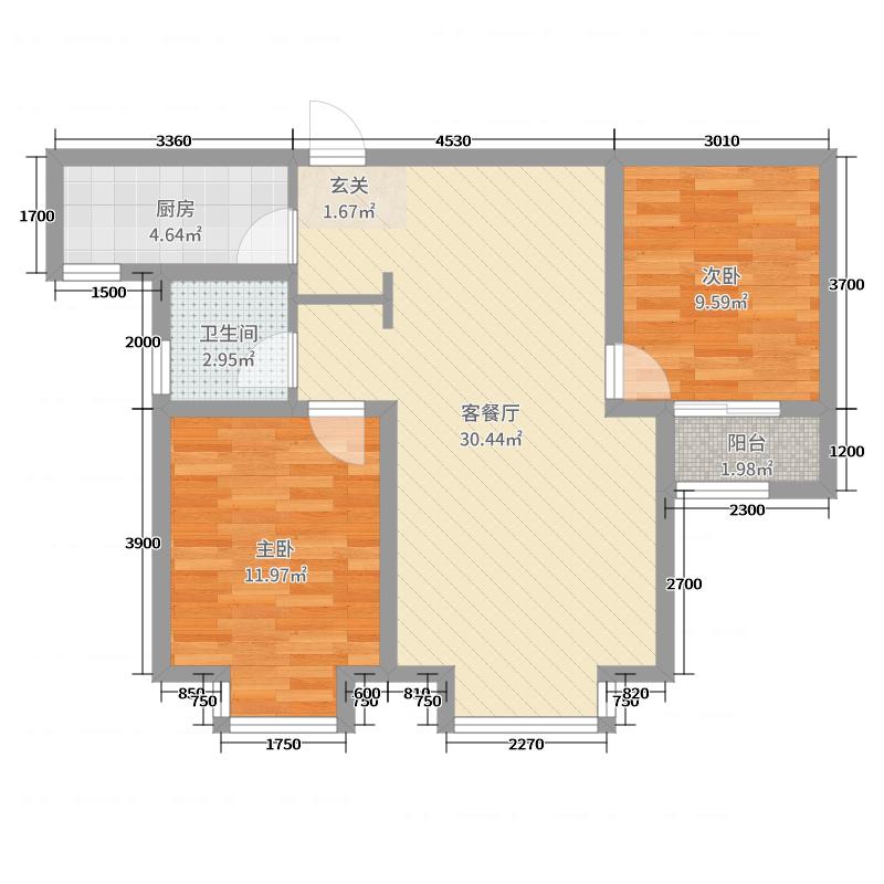 明瀚花香城2室2厅1卫1厨92㎡户型图