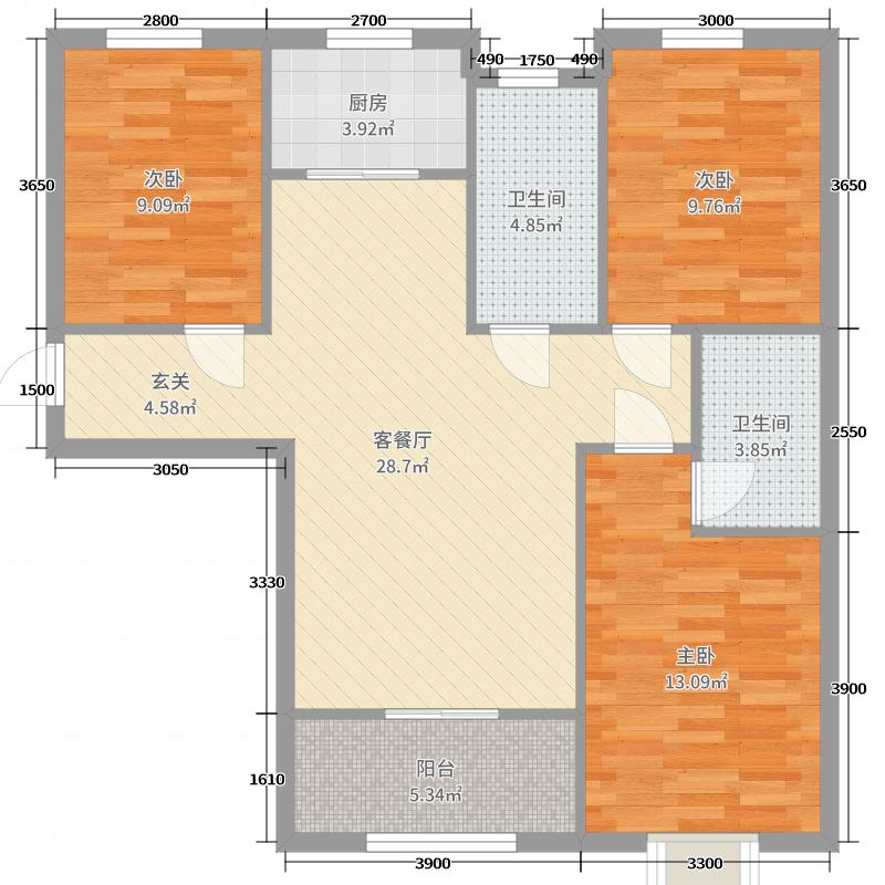 明瀚花香城3室2厅2卫1厨113㎡户型图