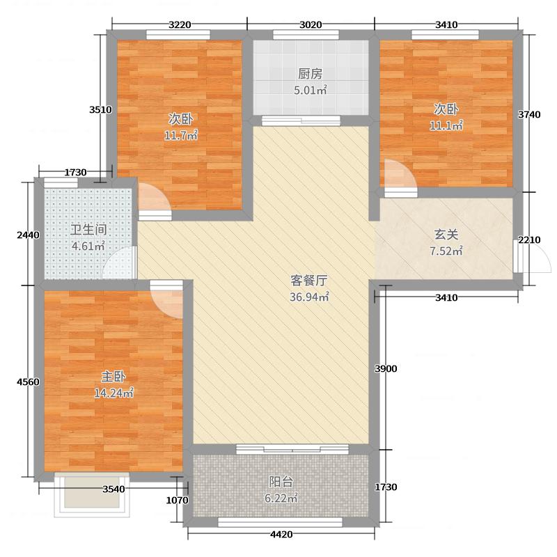 橡嵘湾3室2厅1卫1厨112㎡户型图