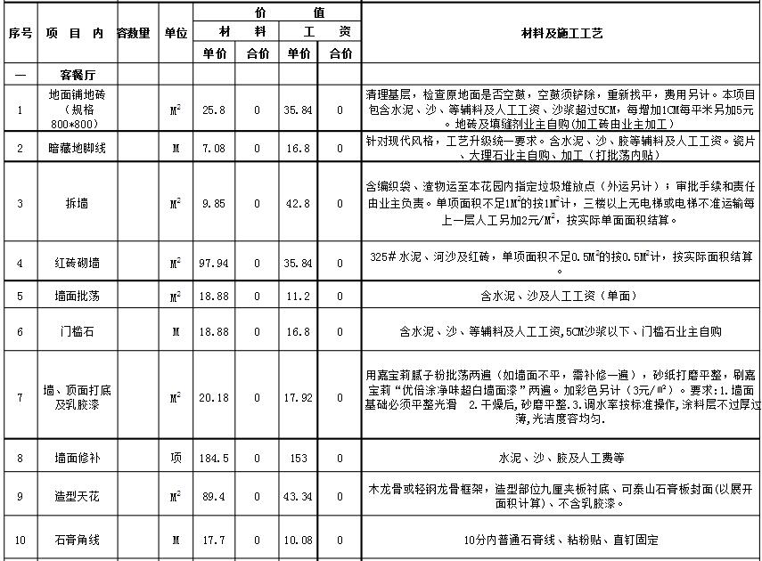 石家庄家装半包报价单