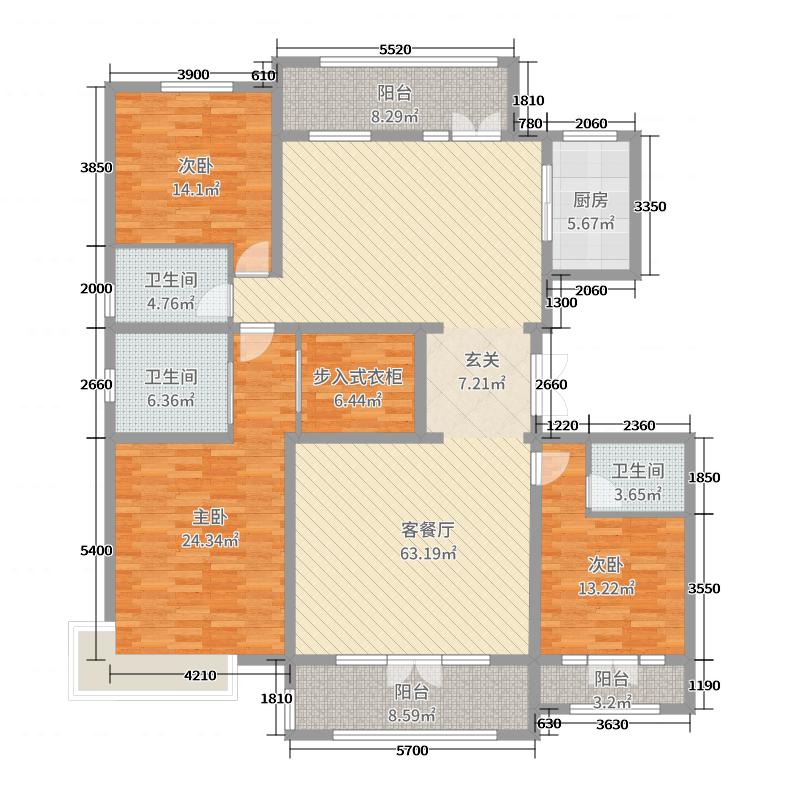 荣盛华府3室2厅3卫1厨200.00㎡户型图