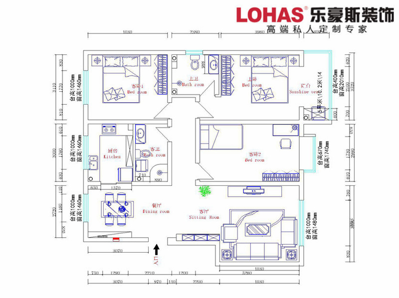 军蔷苑135平三室两厅装修效果图