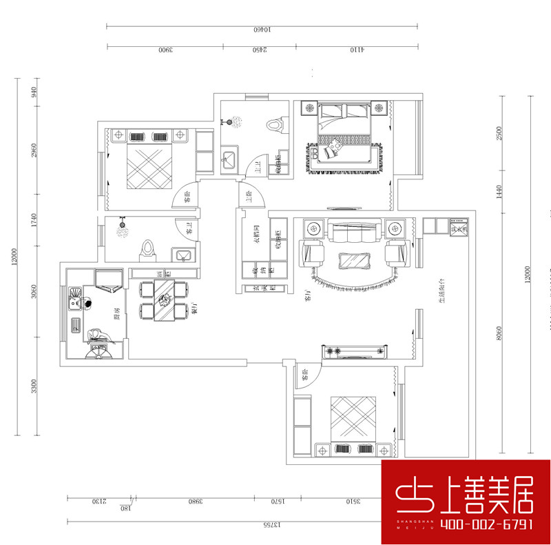 福美小区140平三室两厅两卫新中式装修效果图