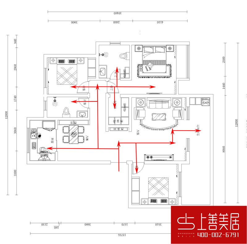 福美小区140平三室两厅两卫新中式装修效果图