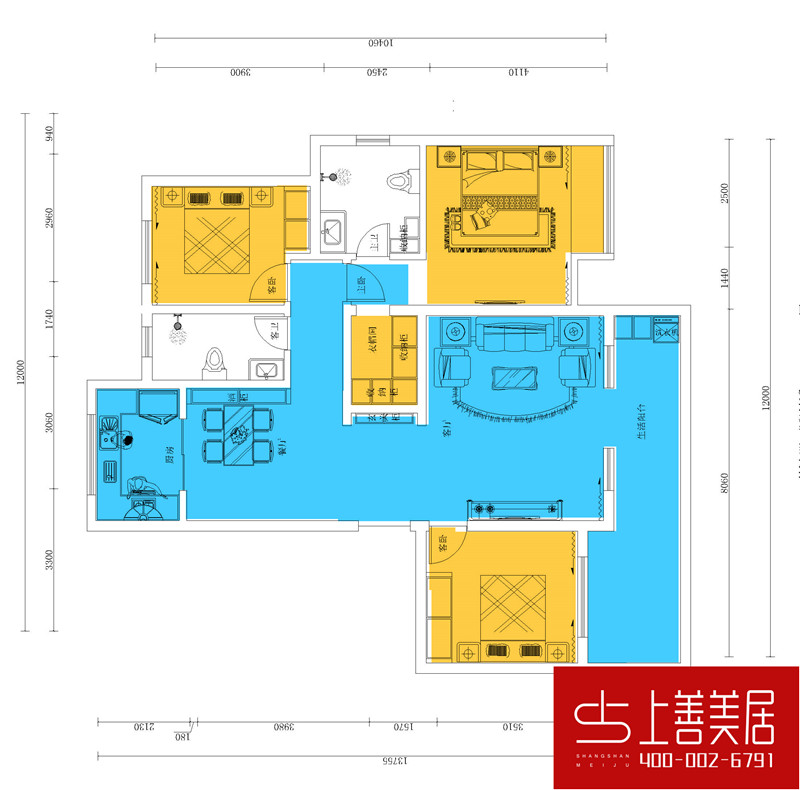 福美小区140平三室两厅两卫新中式装修效果图