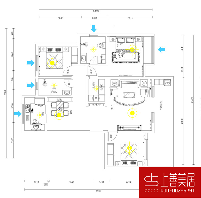 福美小区140平三室两厅两卫新中式装修效果图