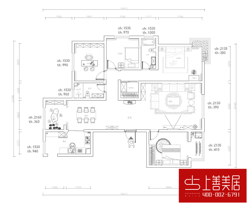 绿朗时光170平四室两厅简欧风格装修效果图