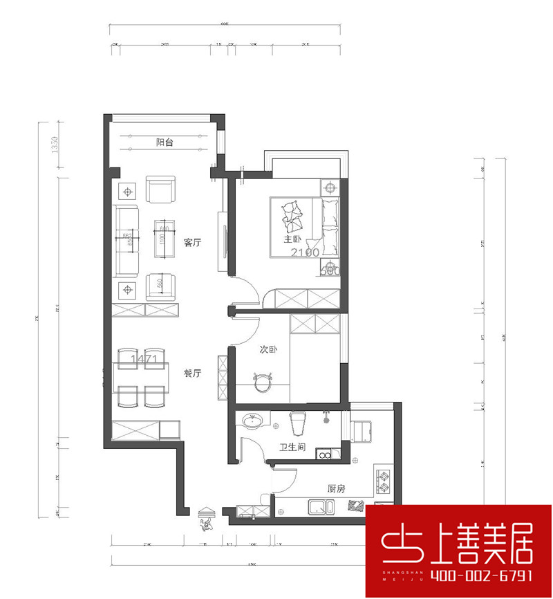 瑞府90平两室两厅简欧风格装修效果图