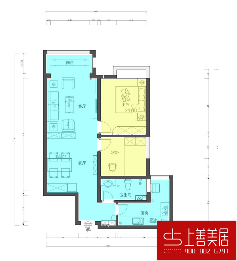 瑞府90平两室两厅简欧风格装修效果图