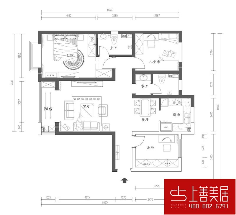 紫晶悦城124平三室两厅现代奢华风格装修效果图平面图