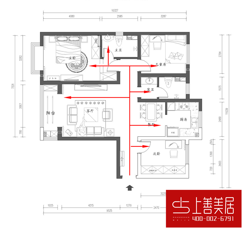 紫晶悦城124平三室两厅现代奢华风格装修效果图动线图