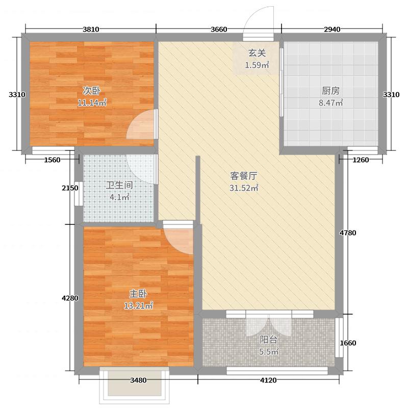 天玺名著2室2厅1卫1厨92.00㎡户型图