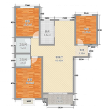 天玺名著3室2厅2卫1厨134.00㎡户型图_副本