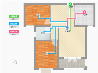 天玺名著2室2厅1卫1厨92平米户型居室动线图
