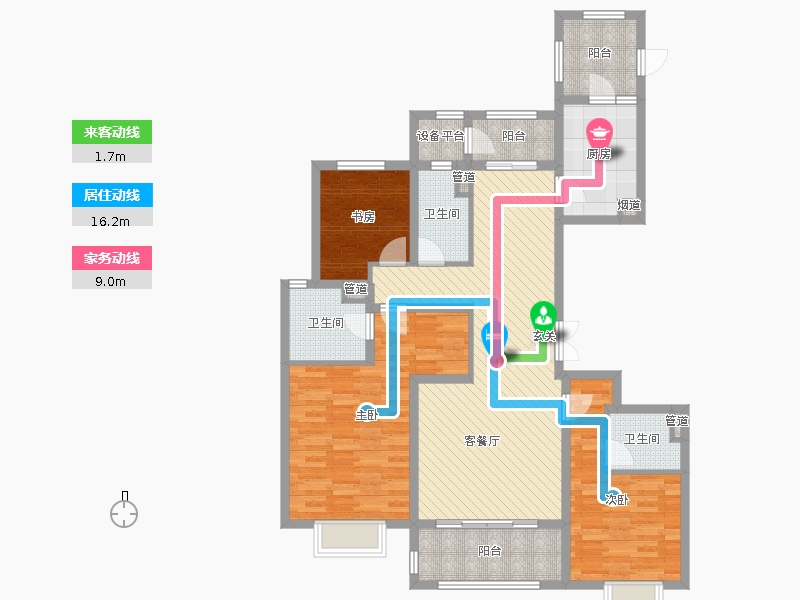 中冶德贤公馆3室2厅3卫1厨160.00㎡户型动静线图