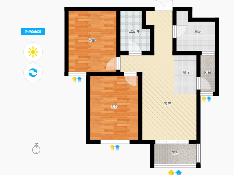 瀚唐2室2厅1卫0厨89.00㎡采光通风图