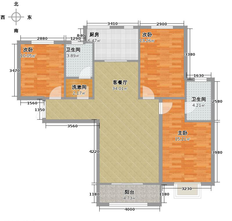 瀚唐3室2厅2卫1厨126㎡户型图