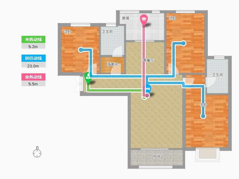 瀚唐3室2厅2卫1厨126.00㎡动线图