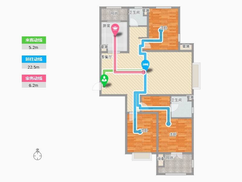 瀚唐3室1厅2卫1厨133.00㎡动线图