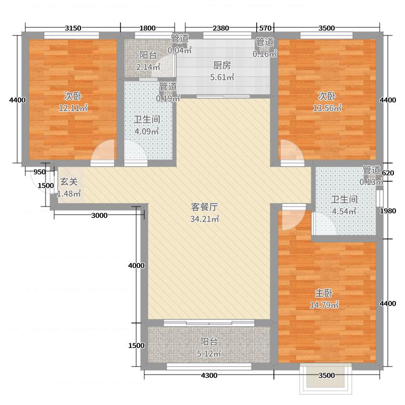 瀚唐3室2厅2卫1厨137㎡户型图