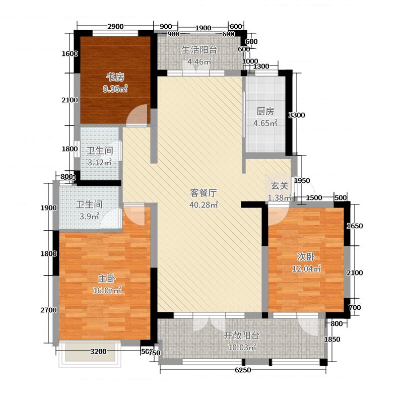 阿尔卡迪亚荣盛城3室2厅2卫1厨142.00㎡户型图