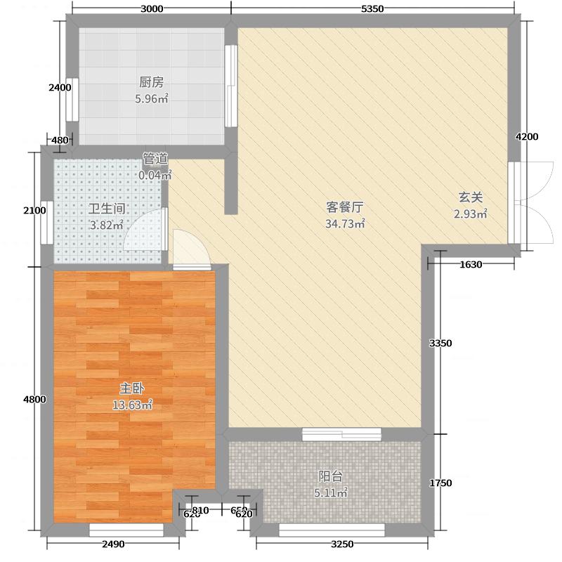 奥北公元1室2厅1卫1厨79.00㎡户型图