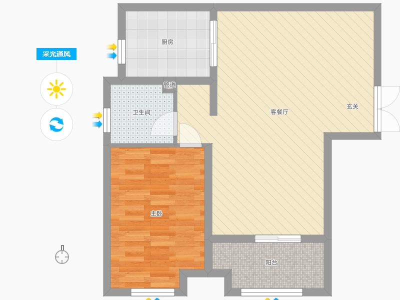 奥北公元1室2厅1卫1厨79.00㎡采光通风图