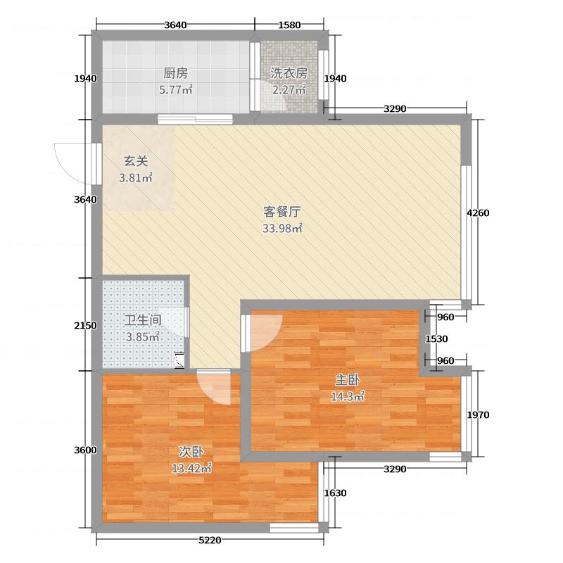 奥北公元2室2厅1卫1厨90.00㎡户型图