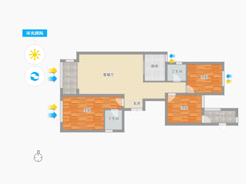 奥北公元3室2厅2卫1厨120.00㎡采光通风图