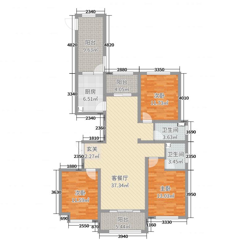 奥北公元3室2厅2卫1厨133.00㎡户型图