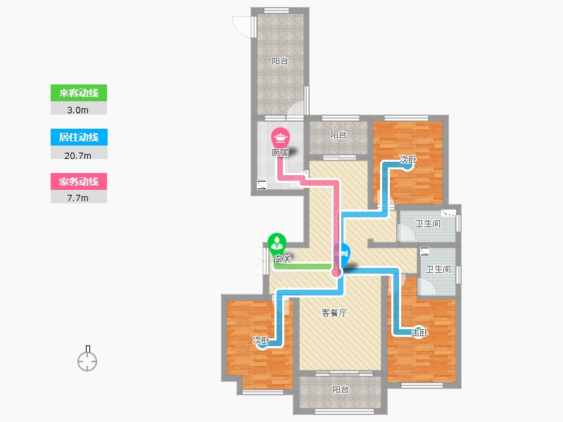 奥北公元3室2厅2卫1厨133.00㎡动线图