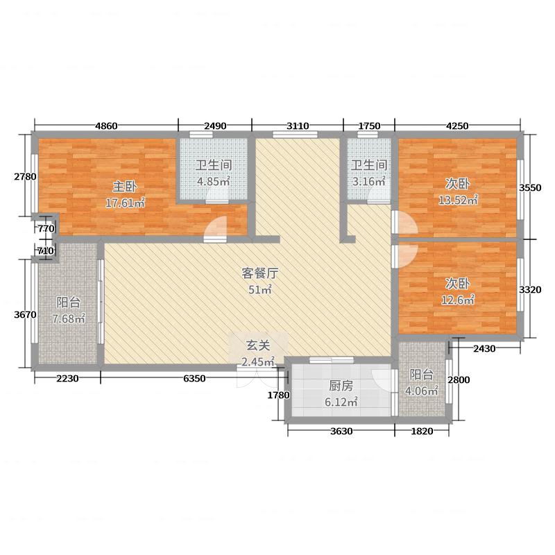奥北公元3室2厅2卫1厨151.00㎡户型图