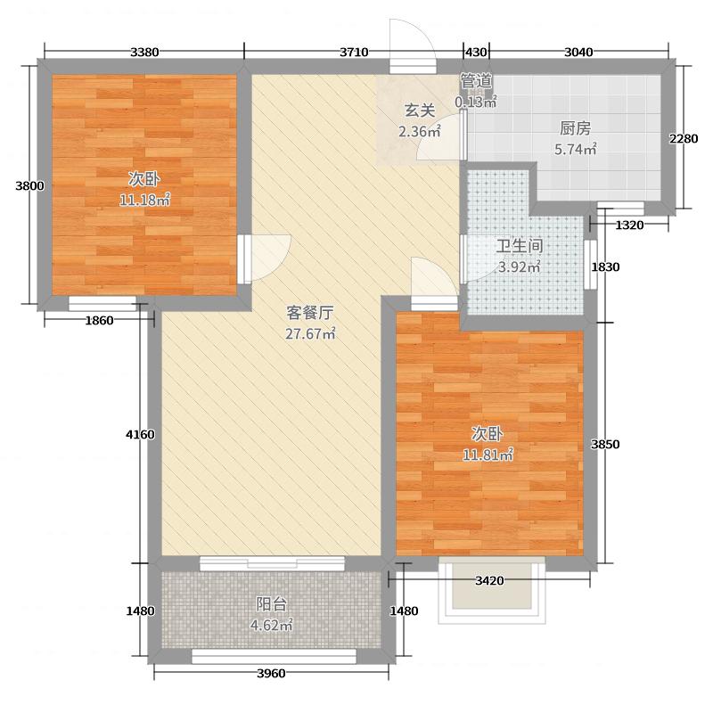 新鼎华府2室2厅1卫1厨98.00㎡户型图