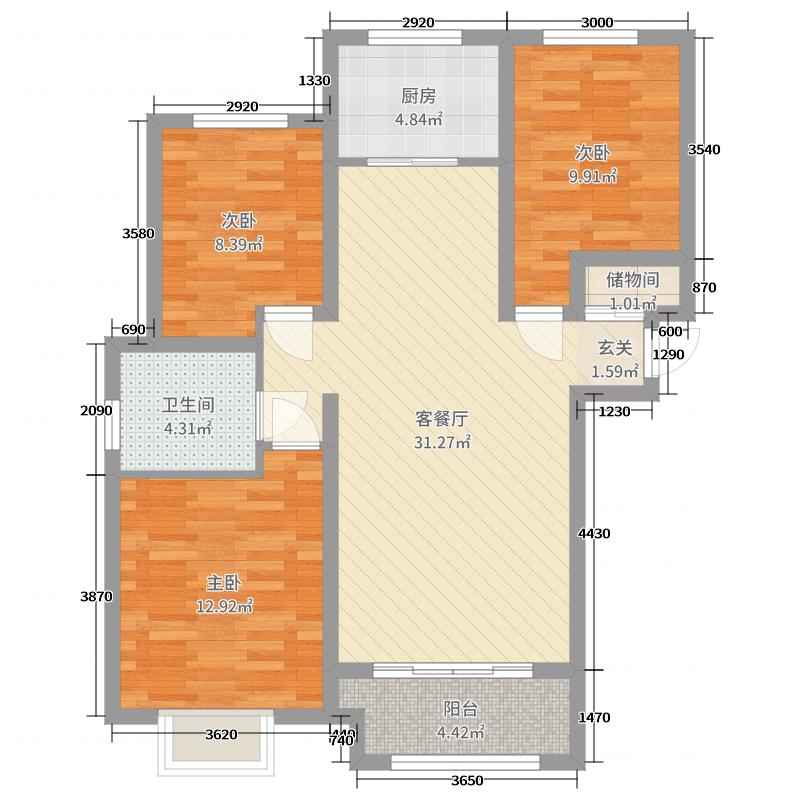 新鼎华府3室2厅1卫1厨120.00㎡户型图